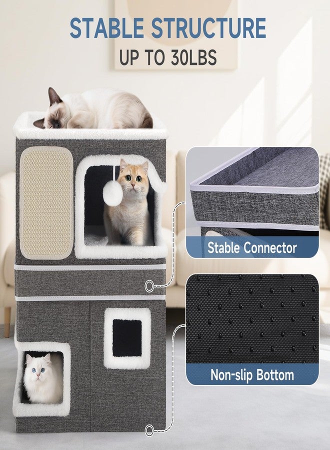 Shikha Double Cat Beds for Indoor Cats, 2-Storey Cat House with Large Cozy Hideaways, Dual Purpose Cat Cave Cube with Scratch Pads, Hanging Balls, Foldable Indoor Cat Houses for Multi Cats Kittens Small Pets - Image 4