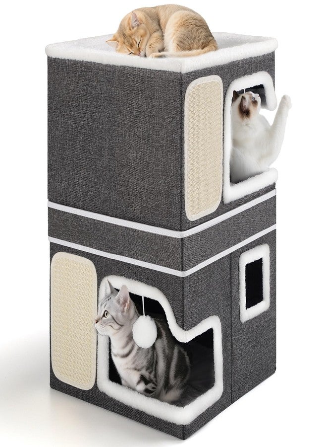 Shikha Double Cat Beds for Indoor Cats, 2-Storey Cat House with Large Cozy Hideaways, Dual Purpose Cat Cave Cube with Scratch Pads, Hanging Balls, Foldable Indoor Cat Houses for Multi Cats Kittens Small Pets - Image 1
