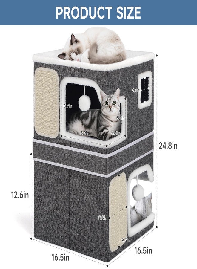Shikha Double Cat Beds for Indoor Cats, 2-Storey Cat House with Large Cozy Hideaways, Dual Purpose Cat Cave Cube with Scratch Pads, Hanging Balls, Foldable Indoor Cat Houses for Multi Cats Kittens Small Pets - Image 2
