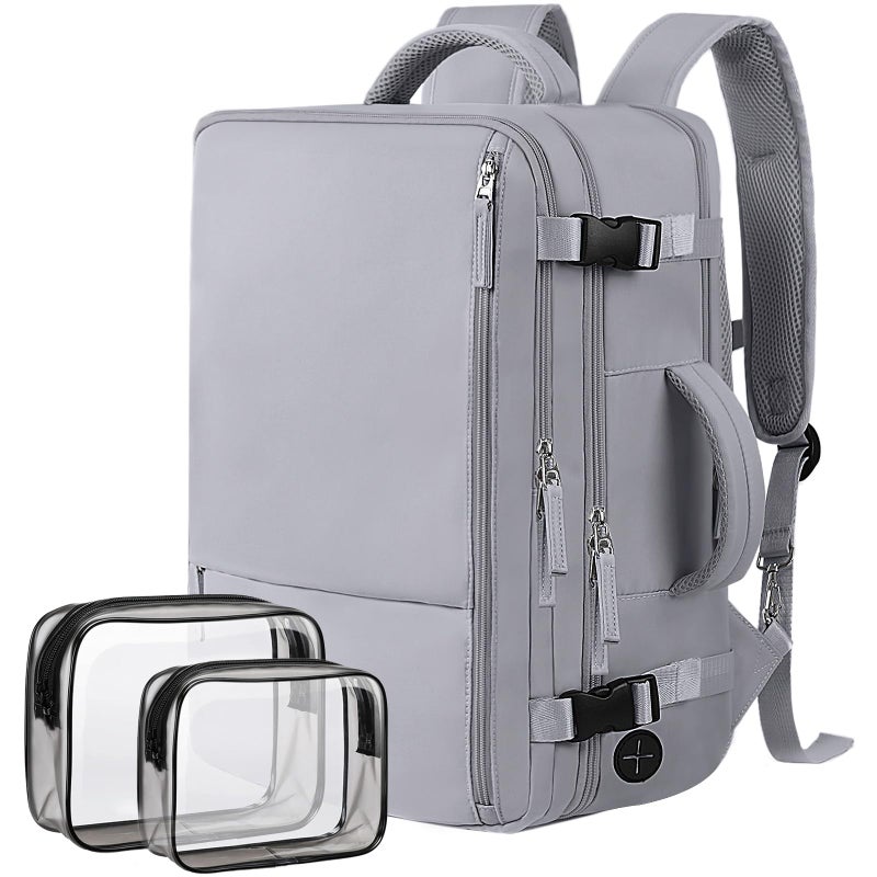 Hanples Large Travel Backpack for Women as Person Item Flight Approved 35L Carry on Backpack17 Inch Laptop Backpack with USB Charging Port Travel Essentials with 2 Toiletry Bags Gray