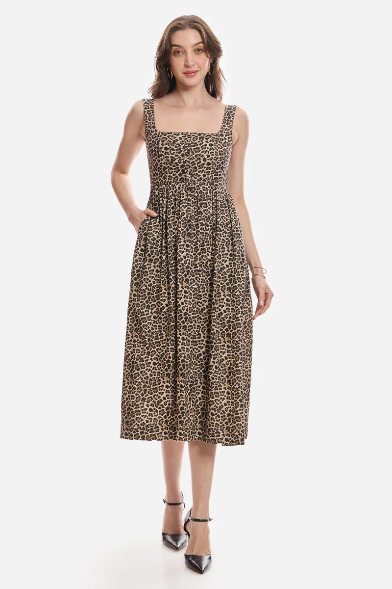 Virgio All Over Print Viscose Square Neck Dress for Women
