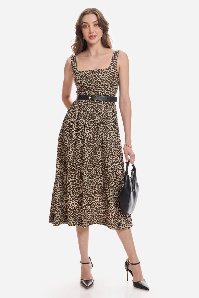 Virgio All Over Print Viscose Square Neck Dress for Women