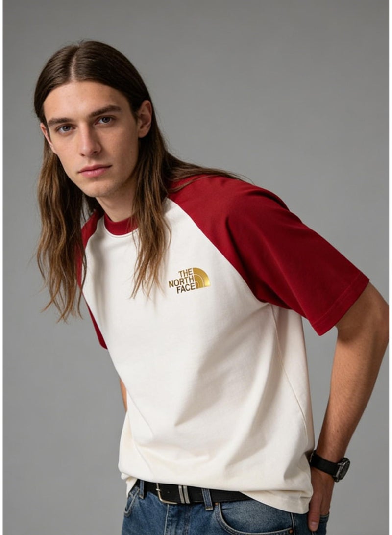 THE NORTH FACE Style Burgundy & Cream Color Block Raglan T-Shirt Unisex Loose Casual Couple Short Sleeve Tee - Image 1