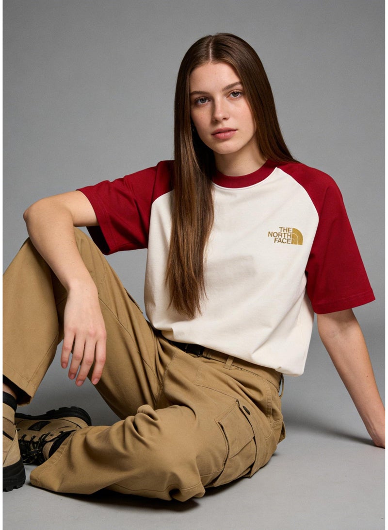 THE NORTH FACE Style Burgundy & Cream Color Block Raglan T-Shirt Unisex Loose Casual Couple Short Sleeve Tee - Image 3