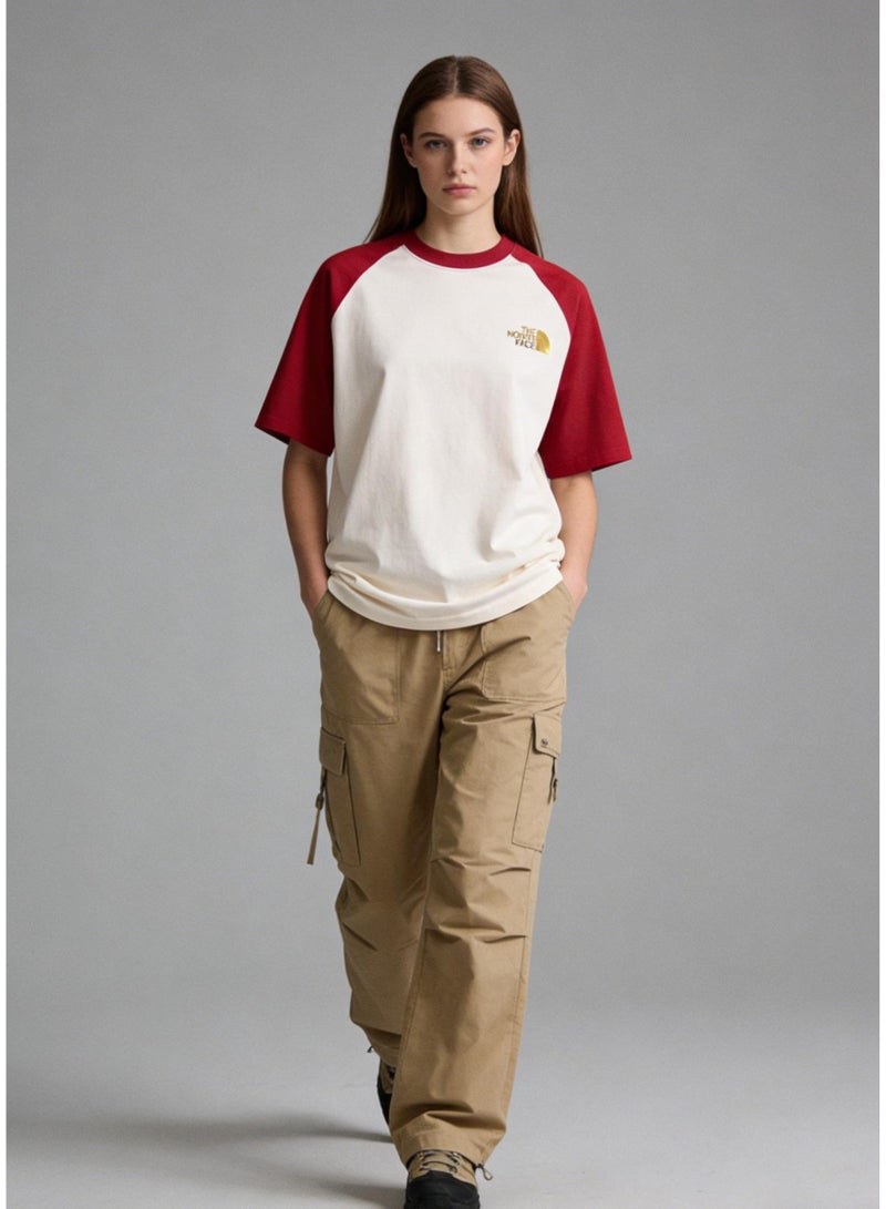 THE NORTH FACE Style Burgundy & Cream Color Block Raglan T-Shirt Unisex Loose Casual Couple Short Sleeve Tee - Image 4