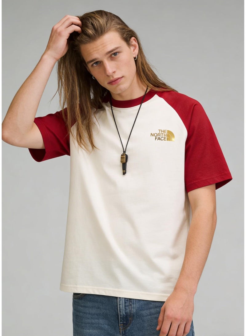 THE NORTH FACE Style Burgundy & Cream Color Block Raglan T-Shirt Unisex Loose Casual Couple Short Sleeve Tee - Image 2