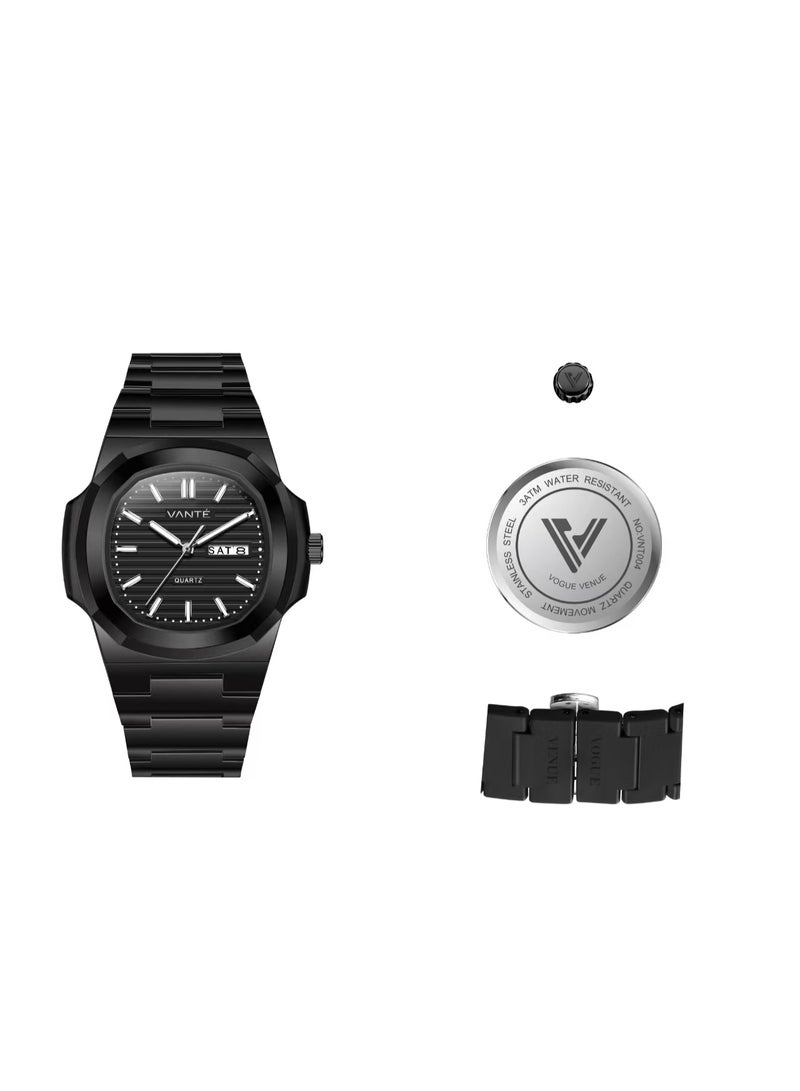 VOGUE VENUE VANTE  Series All-Black Minimalist Quartz Watch - Integrated Rubber/Silicone Strap with Day-Date Display by VOGUE VENUE-VNT004 - Image 2