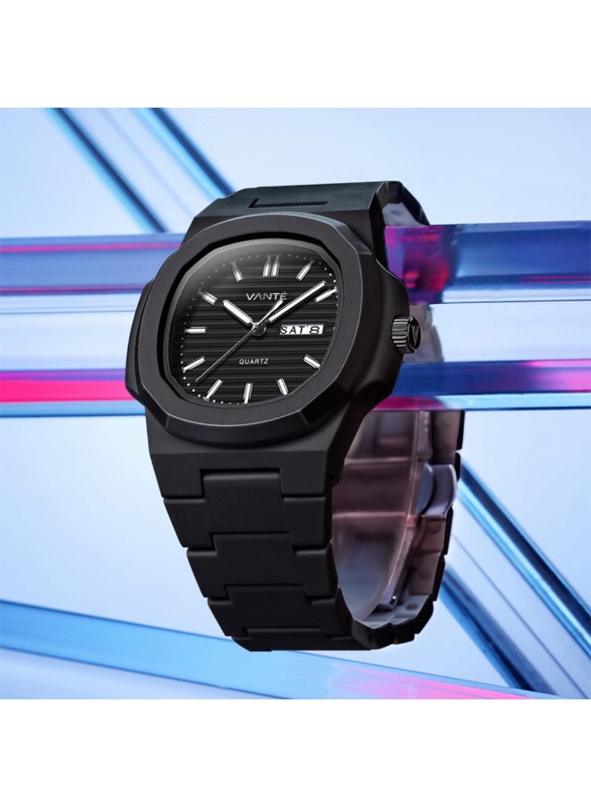 VOGUE VENUE VANTE  Series All-Black Minimalist Quartz Watch - Integrated Rubber/Silicone Strap with Day-Date Display by VOGUE VENUE-VNT004 - Image 4