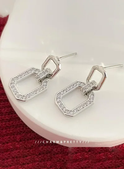 Take Two Take Two Silver Square Hollow Embellished Earrings