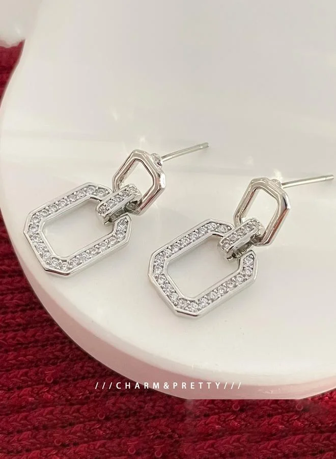 Take Two Take Two Silver Square Hollow Embellished Earrings