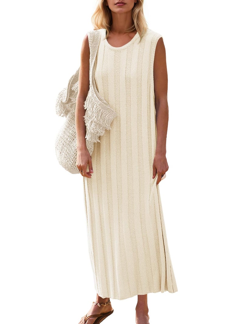 Fisoew Womens Summer Sleeveless Maxi Dress Scoop Neck Ribbed Knit Tank Top Dresses Beige