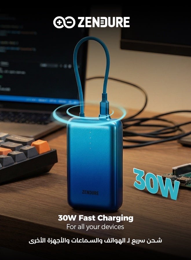 ZENDURE 20000 mAh 20000mAh SuperMini Pro Power Bank | 30W Portable Charger | Built-in Durable Cable | Fast Charging for iPhone & Android | Compact Travel Charger Blue - Image 4
