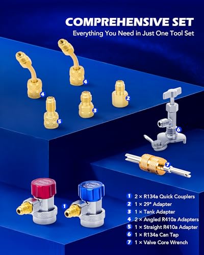 Orion Motor Tech 4 Way AC Gauge Set for R410a R22 R134a Refrigerant, 4 Valve Automotive AC Manifold with 5ft Hoses, R410a Adapters, Can Tap - Image 3