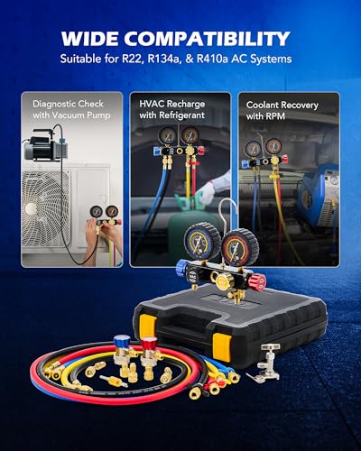 Orion Motor Tech 4 Way AC Gauge Set for R410a R22 R134a Refrigerant, 4 Valve Automotive AC Manifold with 5ft Hoses, R410a Adapters, Can Tap - Image 4