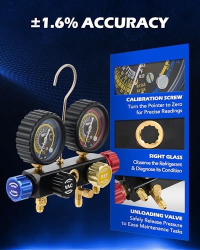 Orion Motor Tech 4 Way AC Gauge Set for R410a R22 R134a Refrigerant, 4 Valve Automotive AC Manifold with 5ft Hoses, R410a Adapters, Can Tap - Image 5
