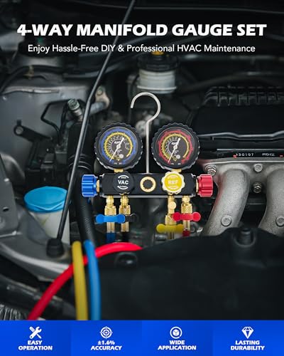 Orion Motor Tech 4 Way AC Gauge Set for R410a R22 R134a Refrigerant, 4 Valve Automotive AC Manifold with 5ft Hoses, R410a Adapters, Can Tap - Image 2