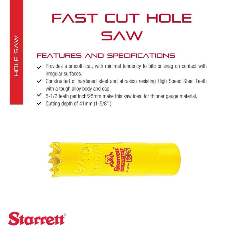 Starrett Starrett BiMetal Fast Cut Straight Pitch Hole Saw with Abrasion Resistant HSS Teeth  Ideal for Cutting Metal Steel and Wood  916 14mm Diameter 158 41mm Depth  FCH0096G  - Image 2