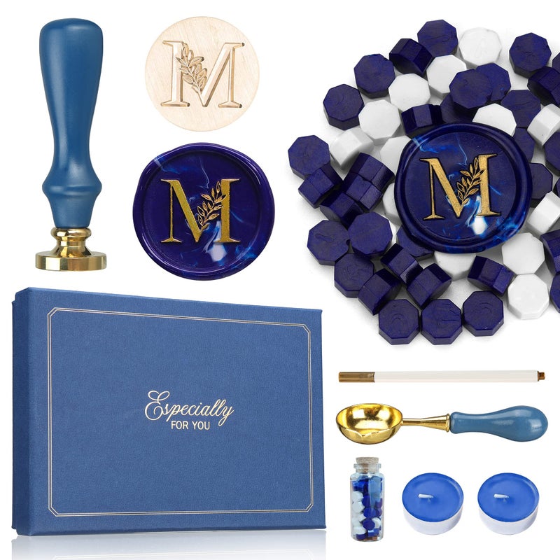 SWANGSA Initial Alphabet M Wax Seal Stamp Kit Vintage Elegant Botanical Leaves Letter Sealing Stamp with Sealing Wax Beads Gift Box Kit