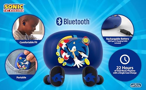 eKids Sonic The Hedgehog Wireless Earbuds with Microphone Bluetooth Earbuds with Charging Case Sonic - Image 3