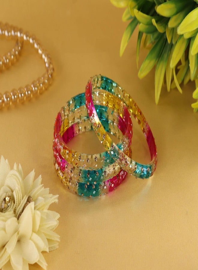 NMII طقم أساور كادا من الزجاج الشفاف NMII للنساء والفتيات، مرصع بأحجار الزركون الذهبية اللامعة والخرز | أحدث أساور كانجان تشودي للبنات | مجوهرات يومية، وحفلات زفاف، وحفلات - (GK50-PO2-DarkMulti-2.8) - Image 3