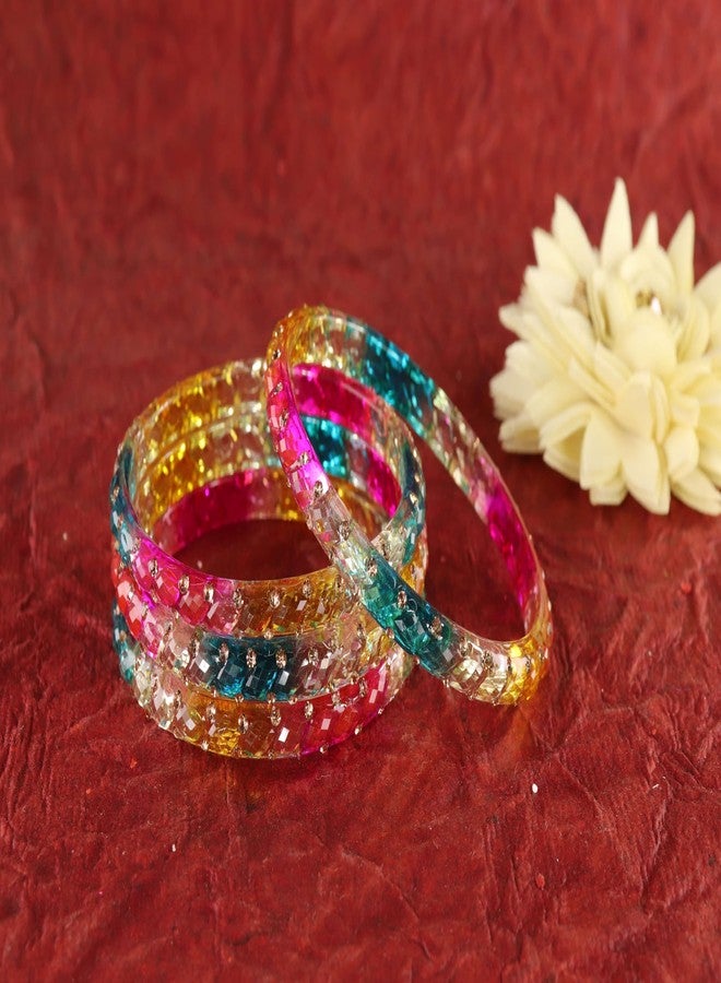 NMII طقم أساور كادا من الزجاج الشفاف NMII للنساء والفتيات، مرصع بأحجار الزركون الذهبية اللامعة والخرز | أحدث أساور كانجان تشودي للبنات | مجوهرات يومية، وحفلات زفاف، وحفلات - (GK50-PO2-DarkMulti-2.8) - Image 5