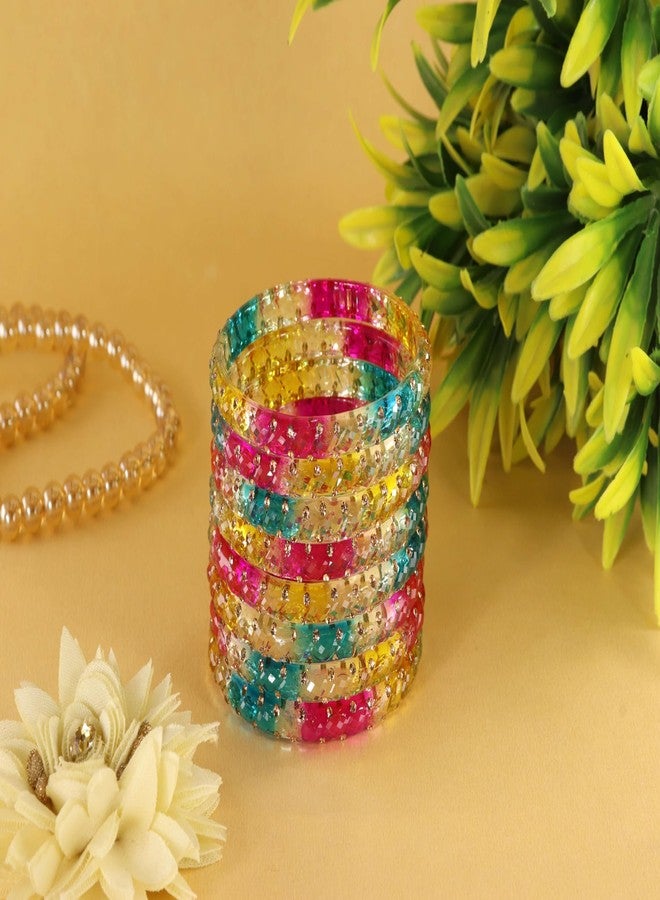 NMII طقم أساور كادا من الزجاج الشفاف NMII للنساء والفتيات، مرصع بأحجار الزركون الذهبية اللامعة والخرز | أحدث أساور كانجان تشودي للبنات | مجوهرات يومية، وحفلات زفاف، وحفلات - (GK50-PO2-DarkMulti-2.8) - Image 2