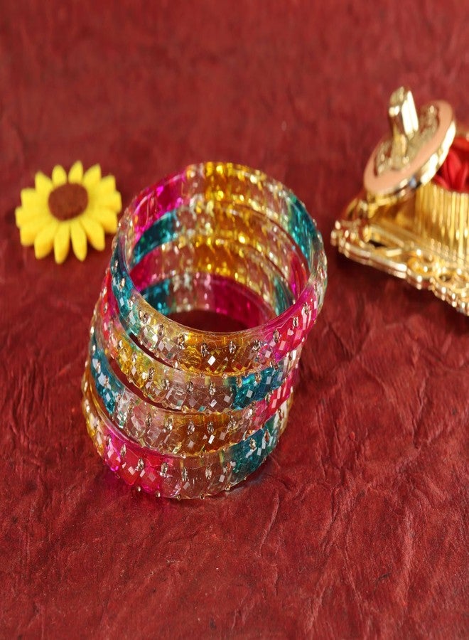 NMII طقم أساور كادا من الزجاج الشفاف NMII للنساء والفتيات، مرصع بأحجار الزركون الذهبية اللامعة والخرز | أحدث أساور كانجان تشودي للبنات | مجوهرات يومية، وحفلات زفاف، وحفلات - (GK50-PO2-DarkMulti-2.8) - Image 4