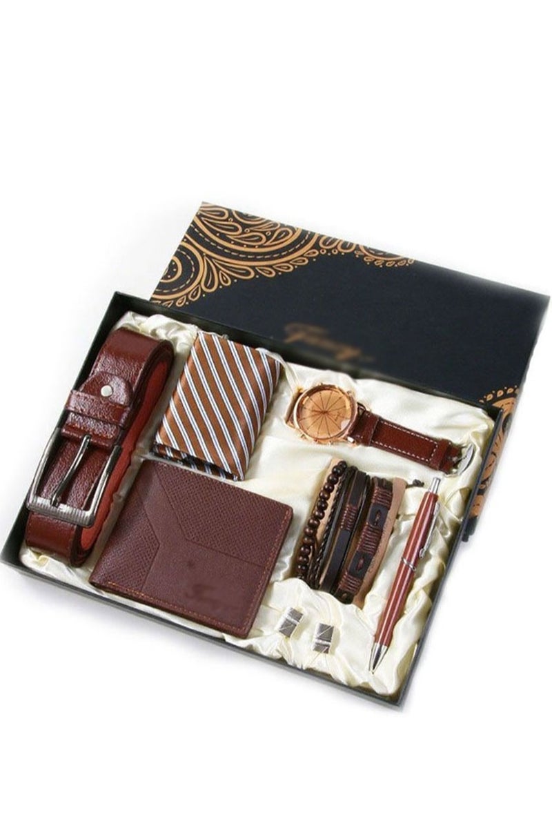Apustim 10 Piece Gift Set，Including a Stylish Watch，Business Wallet，High Quality Belt，3 Exquisite Bracelets，Signature Pen，Tie，Tie Clip，Cufflinks，And An Exquisite Gift Box，Perfect Gift For Dad And Boyfriend，Father's Day，Party Gift，Birthday Gift，And Men's Business Gift Box（Brown） - Image 1