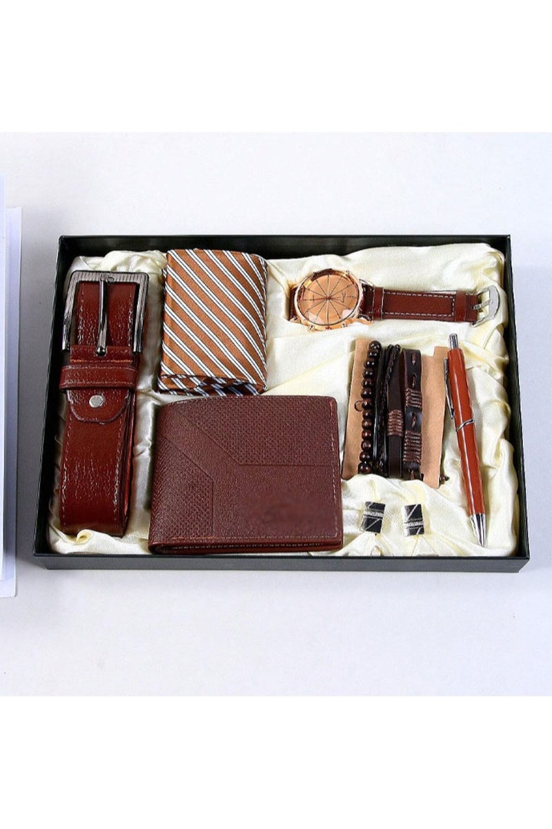 Apustim 10 Piece Gift Set，Including a Stylish Watch，Business Wallet，High Quality Belt，3 Exquisite Bracelets，Signature Pen，Tie，Tie Clip，Cufflinks，And An Exquisite Gift Box，Perfect Gift For Dad And Boyfriend，Father's Day，Party Gift，Birthday Gift，And Men's Business Gift Box（Brown） - Image 2