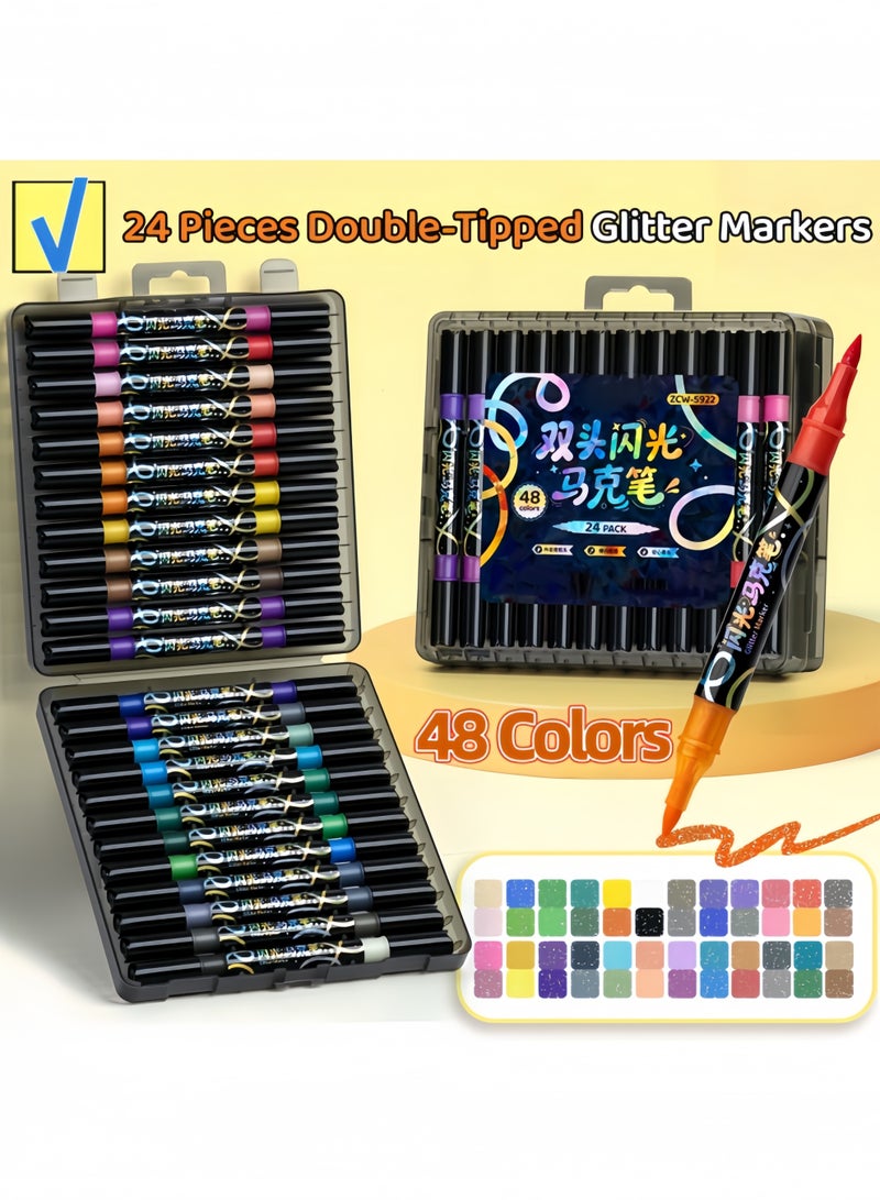 هوجان مarkers تلميع مزدوجة الرأس بـ 48 لوناً، مجموعة 24 قلم فرشاة س sparkle للفنون، الت scrapbooking، البطاقات، الحرف اليدوية DIY، كتب تلوين الكبار - Image 1