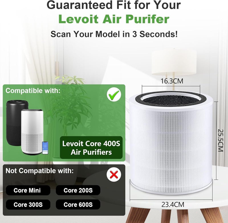 بينريك فلتر بديل من لجهاز تنقية الهواء LEVOIT Core 400S/400S-P، H13 HEPA مع مرشح أولي وكربون نشط، عبوة واحدة Core 400S-RF، فلتر أساسي - Image 3