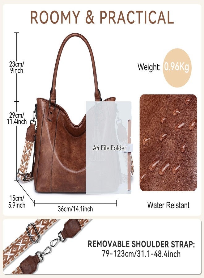 فاشي حقيبة هوبو من فاشي للنساء، حقيبة كروسبودي من الجلد النباتي، حقيبة يد بسحاب وحزام كتف بتصميم جيتار كلاسيكي، لون بني، مناسبة للعمل - Image 2