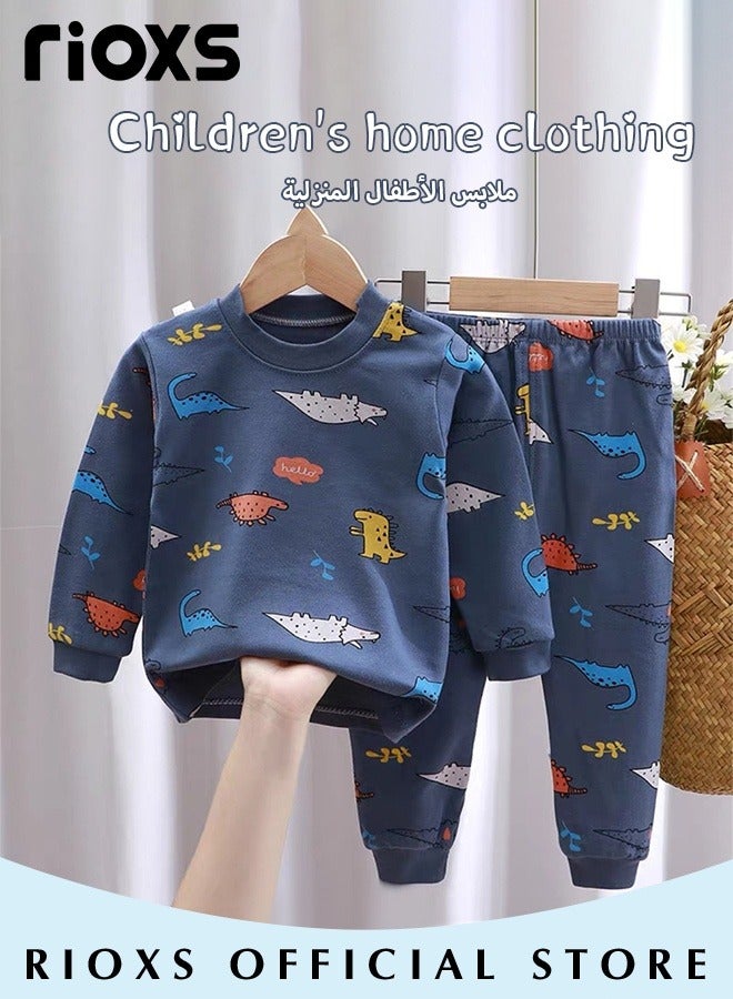 RIOXS 2 Pcs Boys Pajama Set, Adorable Dinosuar Cozy Long Sleeve Round Neck Top and Long Pants Sleepwear, Soft Breathable Pure Cotton Nightwear, Spring Fall Lounge Wear for Toddler Boys, Suitable for Sleep Wear, Daily Wear, Casual Wear, Home Wear, School Wear, Blue - Image 2
