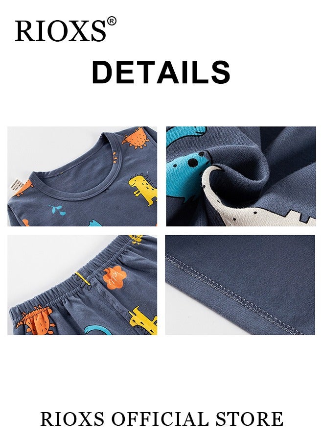 RIOXS 2 Pcs Boys Pajama Set, Adorable Dinosuar Cozy Long Sleeve Round Neck Top and Long Pants Sleepwear, Soft Breathable Pure Cotton Nightwear, Spring Fall Lounge Wear for Toddler Boys, Suitable for Sleep Wear, Daily Wear, Casual Wear, Home Wear, School Wear, Blue - Image 3