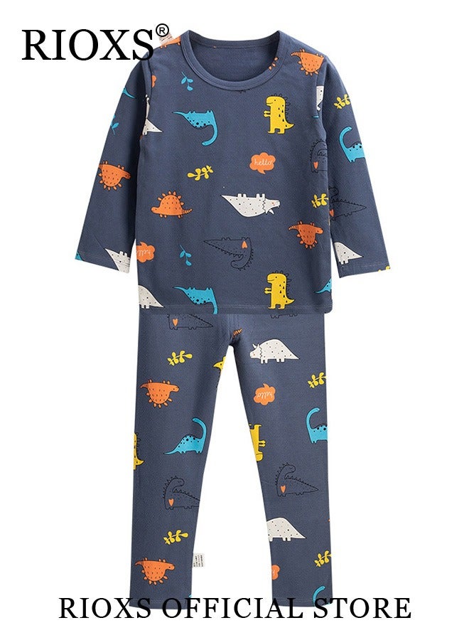 RIOXS 2 Pcs Boys Pajama Set, Adorable Dinosuar Cozy Long Sleeve Round Neck Top and Long Pants Sleepwear, Soft Breathable Pure Cotton Nightwear, Spring Fall Lounge Wear for Toddler Boys, Suitable for Sleep Wear, Daily Wear, Casual Wear, Home Wear, School Wear, Blue - Image 5