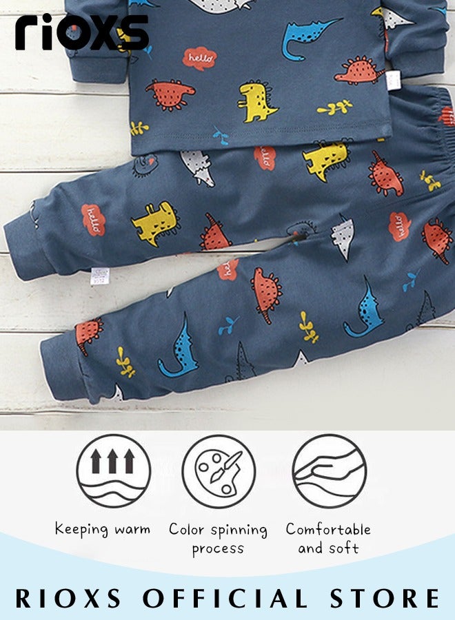 RIOXS 2 Pcs Boys Pajama Set, Adorable Dinosuar Cozy Long Sleeve Round Neck Top and Long Pants Sleepwear, Soft Breathable Pure Cotton Nightwear, Spring Fall Lounge Wear for Toddler Boys, Suitable for Sleep Wear, Daily Wear, Casual Wear, Home Wear, School Wear, Blue - Image 4