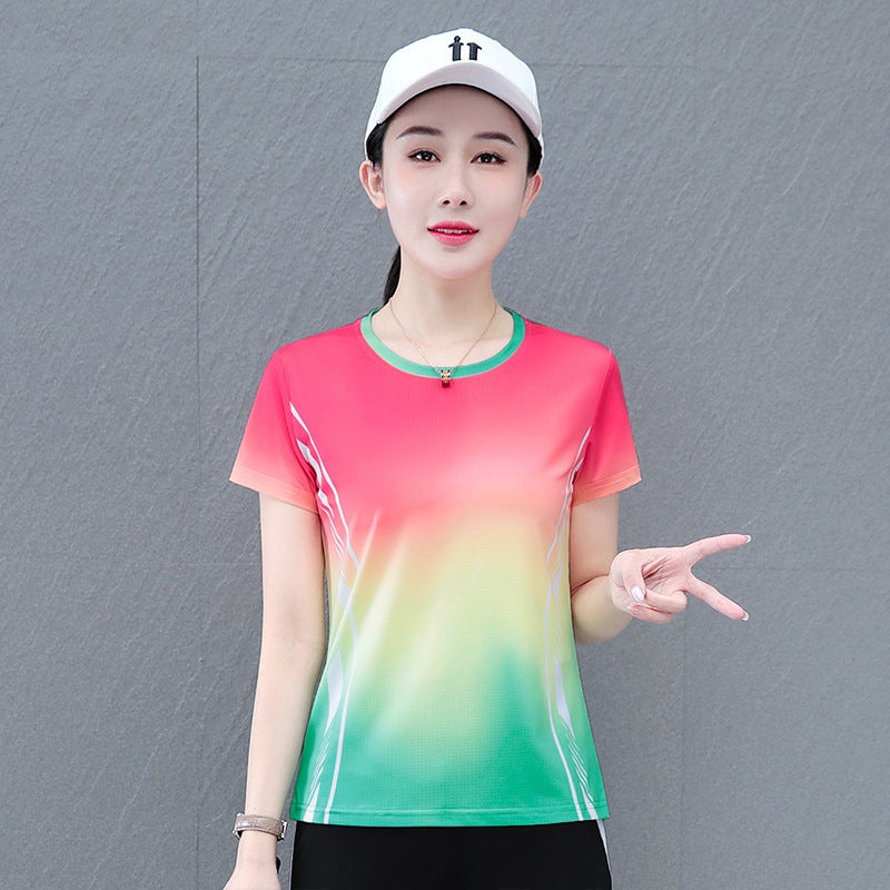 Ice Silk Elastic Quick-Drying Gradient Color-Matching Casual Short-Sleeve Round Neck T-Shirt Women'S Summer Mesh Breathable Loose T-Shirt - Image 1