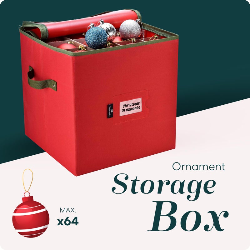 Handy Laundry Christmas Ornament Storage - Stores upto 64 Holiday Ornaments, Adjustable Dividers, Zippered Top, Two Handles. Storage Box Keeps Holiday Decorations Clean and Dry for Next Season. (Red) - Image 2