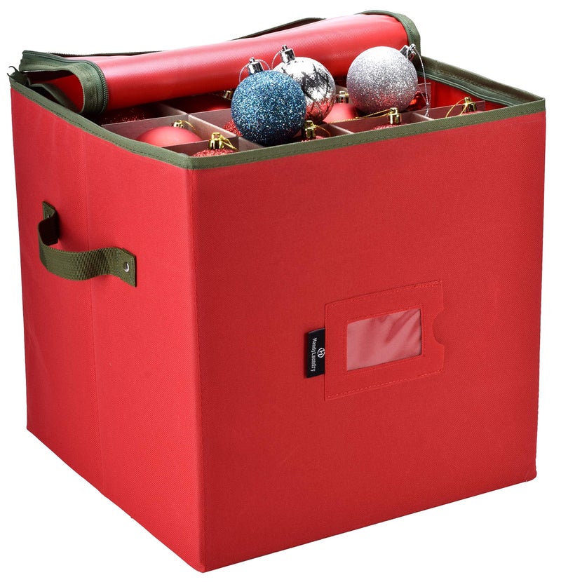 Handy Laundry Christmas Ornament Storage - Stores upto 64 Holiday Ornaments, Adjustable Dividers, Zippered Top, Two Handles. Storage Box Keeps Holiday Decorations Clean and Dry for Next Season. (Red) - Image 1