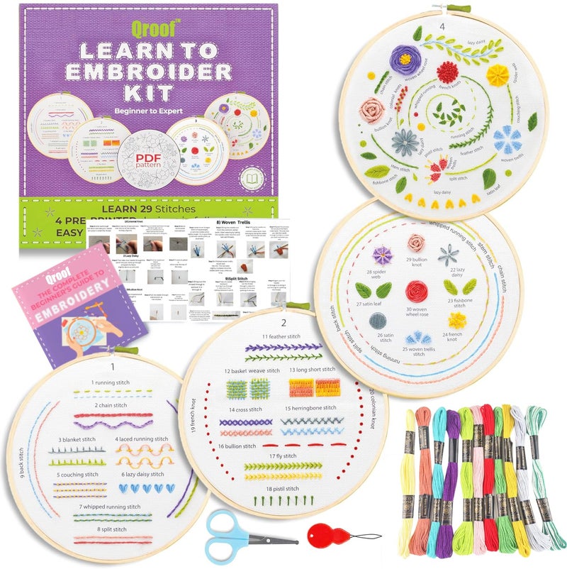 Qroof Diy Beginners Embroidery Cross Stitch Starter Kit -4 Patterns Fabric Set, Hoop, Threads, And Supplies For Hand Eembroidery Beginners Kids, Adults, Women, Multicolor - Image 1