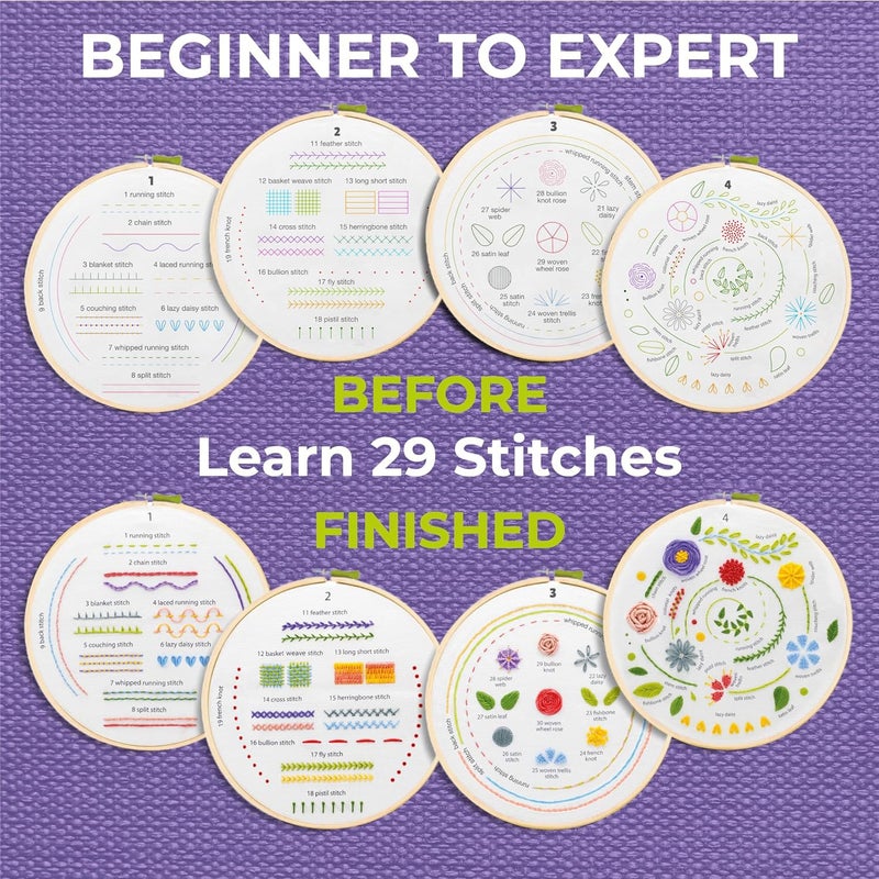 Qroof Diy Beginners Embroidery Cross Stitch Starter Kit -4 Patterns Fabric Set, Hoop, Threads, And Supplies For Hand Eembroidery Beginners Kids, Adults, Women, Multicolor - Image 3