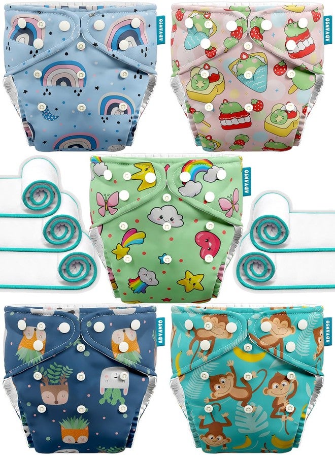 Advanso Leakage Proof cloth diapers for babies, high absorbent 5 reusable diaper 5 insert pad combo pack washable cloth diaper free size 5-18kg adjustable pocket cover P45 - Image 1