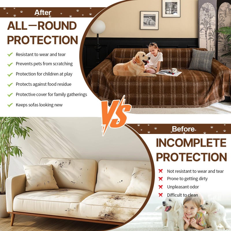 HANDONTIME Plaid Sofa Cover for 3 Cushion Couch, Washable Checkered Couch Slipcover White Geometric Dog Couch Cover Blanket Pet-Friendly Chenille Furniture Protector Sofa Covers(Dark Brown, 71"x134") - Image 4