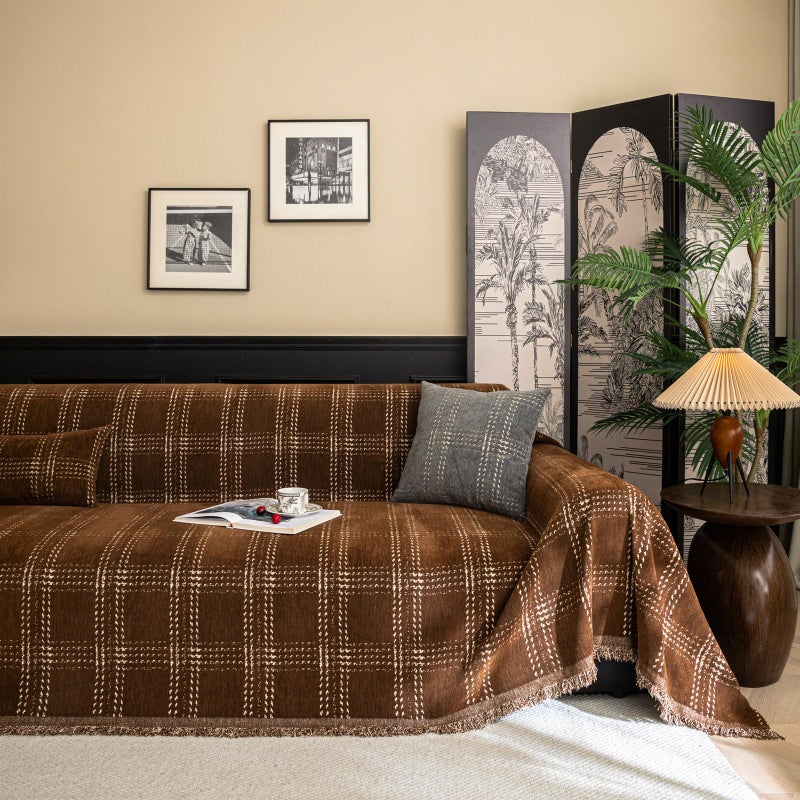 HANDONTIME Plaid Sofa Cover for 3 Cushion Couch, Washable Checkered Couch Slipcover White Geometric Dog Couch Cover Blanket Pet-Friendly Chenille Furniture Protector Sofa Covers(Dark Brown, 71"x134") - Image 1