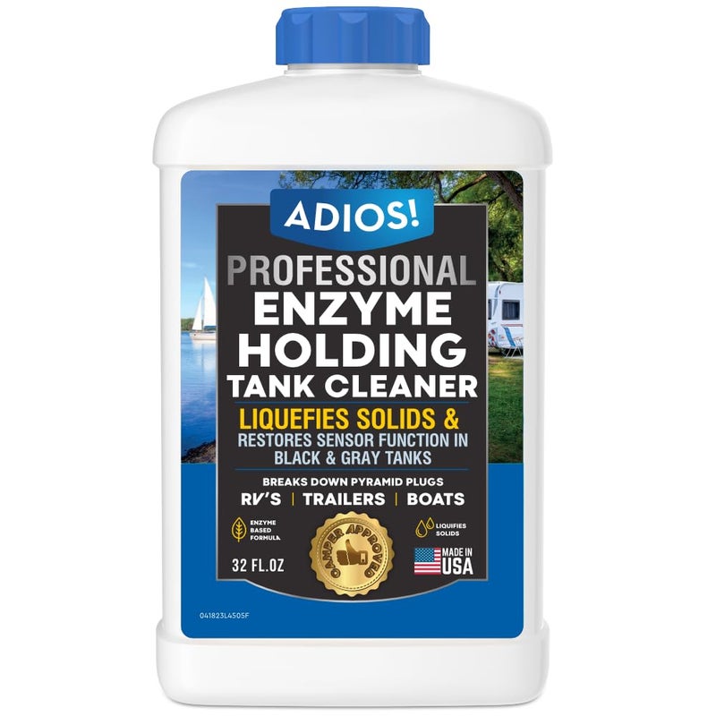 ADIOS! RV Black Tank Cleaner - Unclogs Plugs, Stops Odors, Cleans and Maintains Holding Tanks for Campers, Trailers and Boats (32 oz) - Image 1