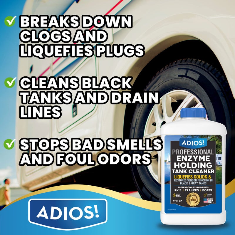 ADIOS! RV Black Tank Cleaner - Unclogs Plugs, Stops Odors, Cleans and Maintains Holding Tanks for Campers, Trailers and Boats (32 oz) - Image 2