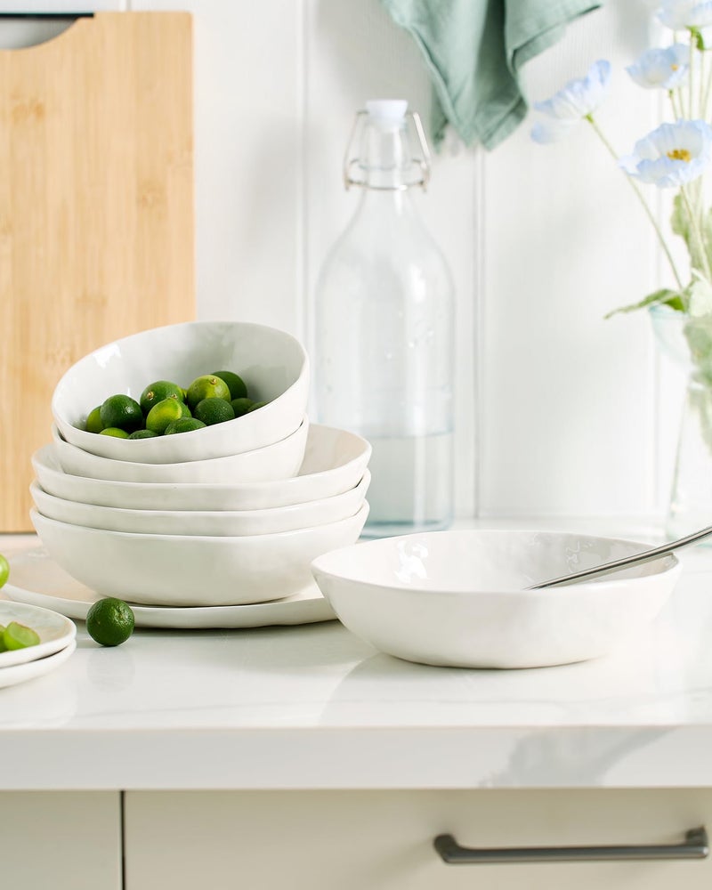 Famiware Porcelain kitchen plates and bowls set, Modern dishes set for 4, Handmade Wave Edge Dinnerware Sets, Microwave and Dishwasher Safe Tableware, Polar White (16pc) - Image 3