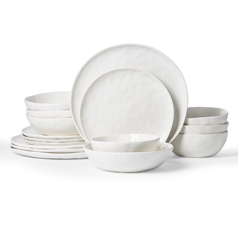 Famiware Porcelain kitchen plates and bowls set, Modern dishes set for 4, Handmade Wave Edge Dinnerware Sets, Microwave and Dishwasher Safe Tableware, Polar White (16pc) - Image 1