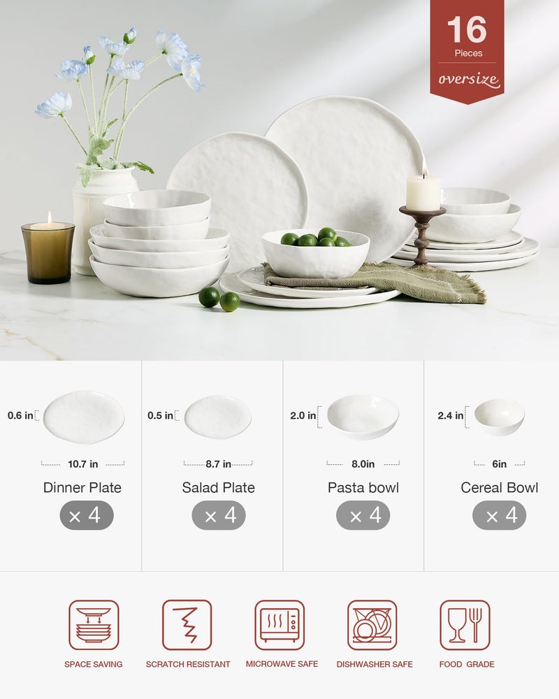Famiware Porcelain kitchen plates and bowls set, Modern dishes set for 4, Handmade Wave Edge Dinnerware Sets, Microwave and Dishwasher Safe Tableware, Polar White (16pc) - Image 2