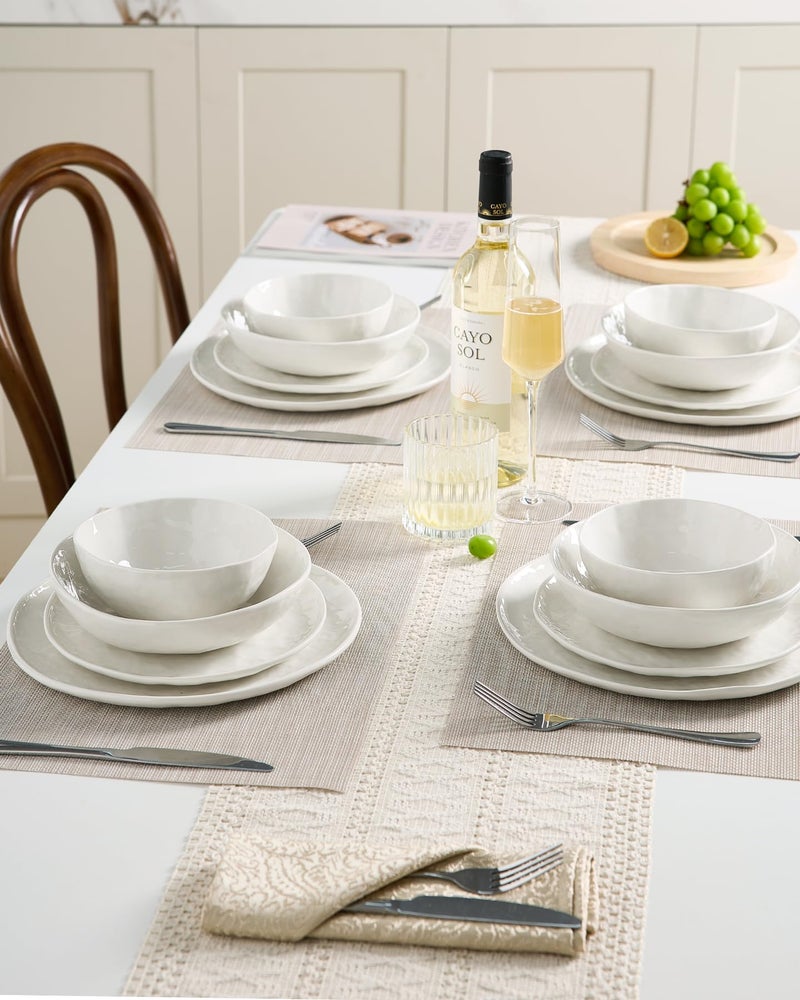 Famiware Porcelain kitchen plates and bowls set, Modern dishes set for 4, Handmade Wave Edge Dinnerware Sets, Microwave and Dishwasher Safe Tableware, Polar White (16pc) - Image 5